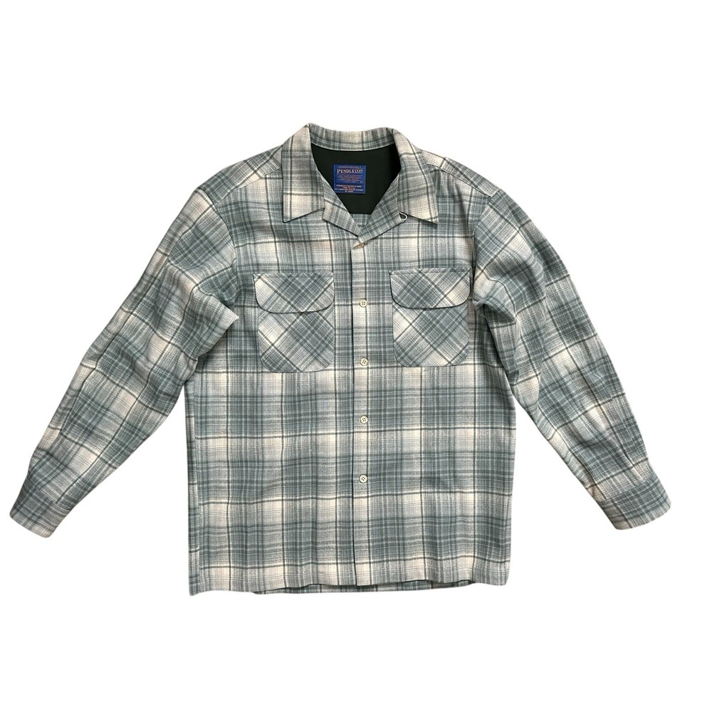 Pendleton Loop Collar Green‎ Gray Plaid Pure Virgin Wool Flannel LS Shirt Size M
